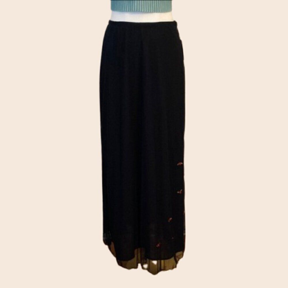 Vintage Valerie Stevens Mesh Black Maxi Skirt w/ Floral Embellishments Sz 6 NWT
